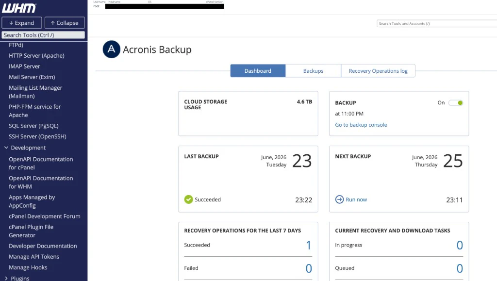 Acronis Backup en cPanel/WHM: dashboard de respaldos