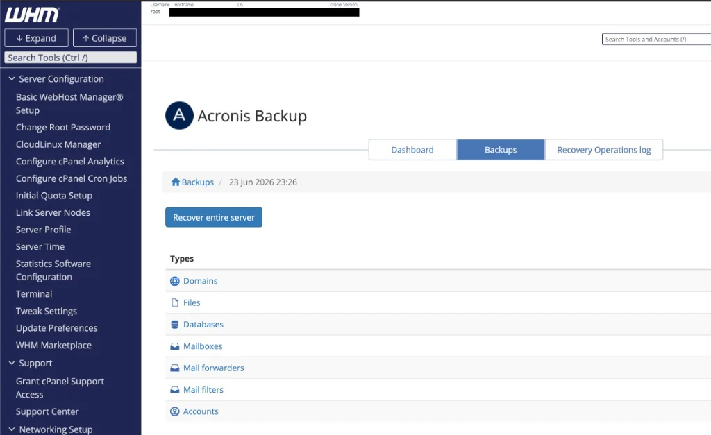 Acronis Backup en cPanel/WHM: opciones de recuperación
