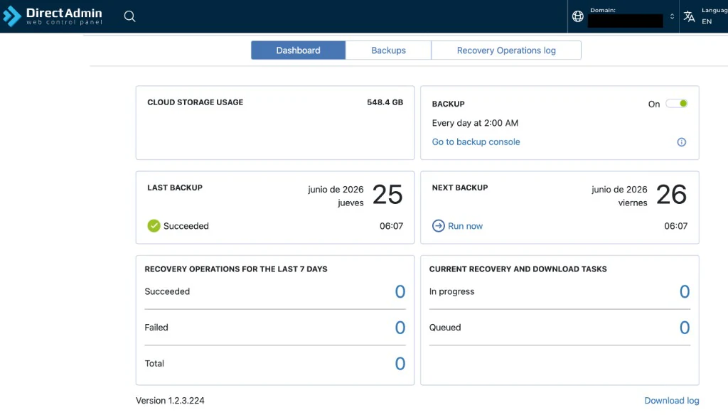 Acronis Backup en DirectAdmin: dashboard de respaldos