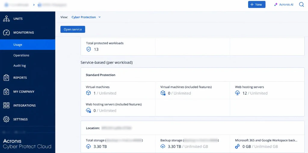 Portal Acronis: uso de almacenamiento y cargas protegidas