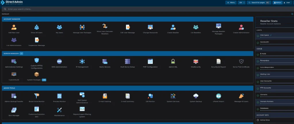 DirectAdmin: panel en modo oscuro