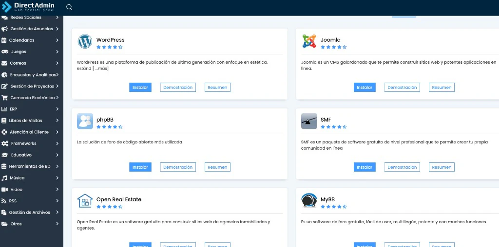 Softaculous: aplicaciones disponibles (WordPress, Joomla, etc.)