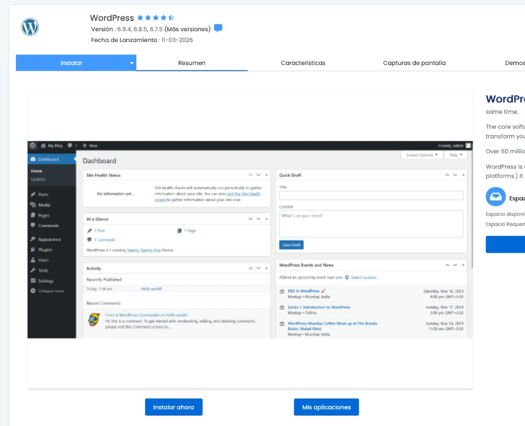 Softaculous: detalle e instalación de WordPress